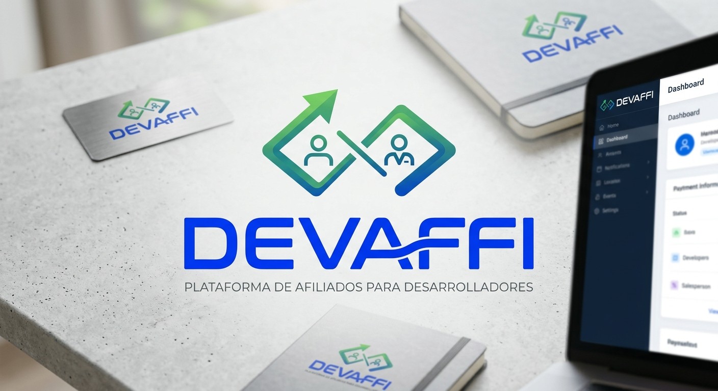 Logo de Devaffi —dos marcos unidos, con una persona cada uno, y una flecha que sube— con el slogan «Plataforma de afiliados para desarrolladores», aplicado en tarjetas, cuadernos y en el panel en una notebook