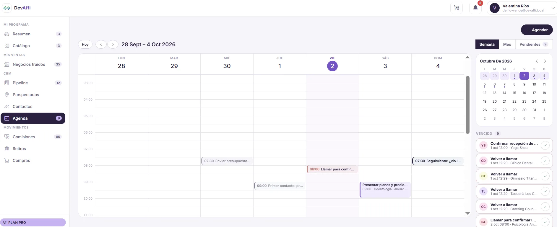 Agenda semanal con los seguimientos y las tareas vencidas