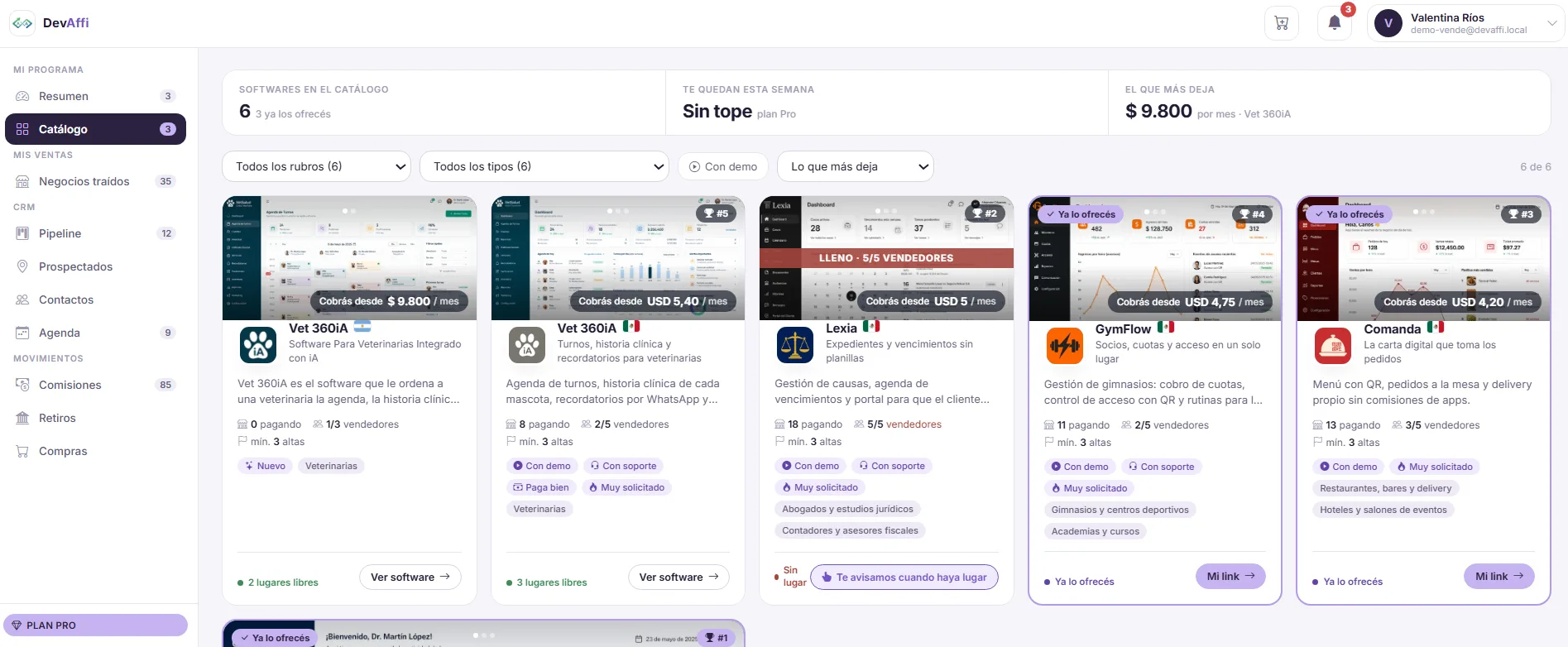 Catálogo de software para vender, con fichas que muestran si hay demo, soporte y lugares libres